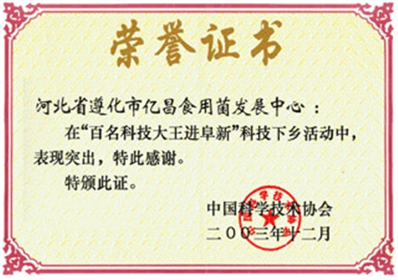 亿昌菌业在&ldquo;百名科技大王进阜新&rdquo;科技下乡活动中获得荣誉证书