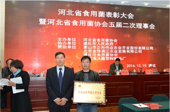 河北省食用菌协会会长孙利英（左）为张东平颁发“河北省食用菌优秀专家”荣誉牌匾.JPG（截屏）.JPG